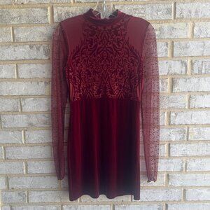 Free People Intimately Long Sleeve Semi-Sheer Velvet/Mesh Burnout Mini Dress S